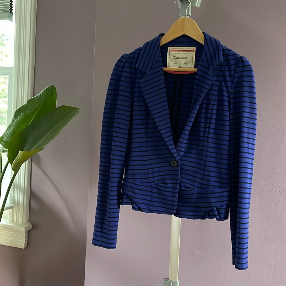 Anthropologie XS blue and black striped Cartonnier blazer stretchy fabric